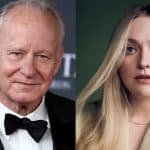 A split image shows Stellan Skarsgård in a black tuxedo and bow tie on the left, and a young woman with long blonde hair in a beige blazer on the right, both gazing at the camera—evoking the intrigue of an Apple TV thriller.