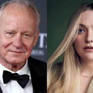 A split image shows Stellan Skarsgård in a black tuxedo and bow tie on the left, and a young woman with long blonde hair in a beige blazer on the right, both gazing at the camera—evoking the intrigue of an Apple TV thriller.