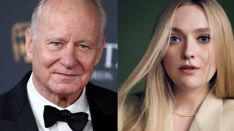 A split image shows Stellan Skarsgård in a black tuxedo and bow tie on the left, and a young woman with long blonde hair in a beige blazer on the right, both gazing at the camera—evoking the intrigue of an Apple TV thriller.