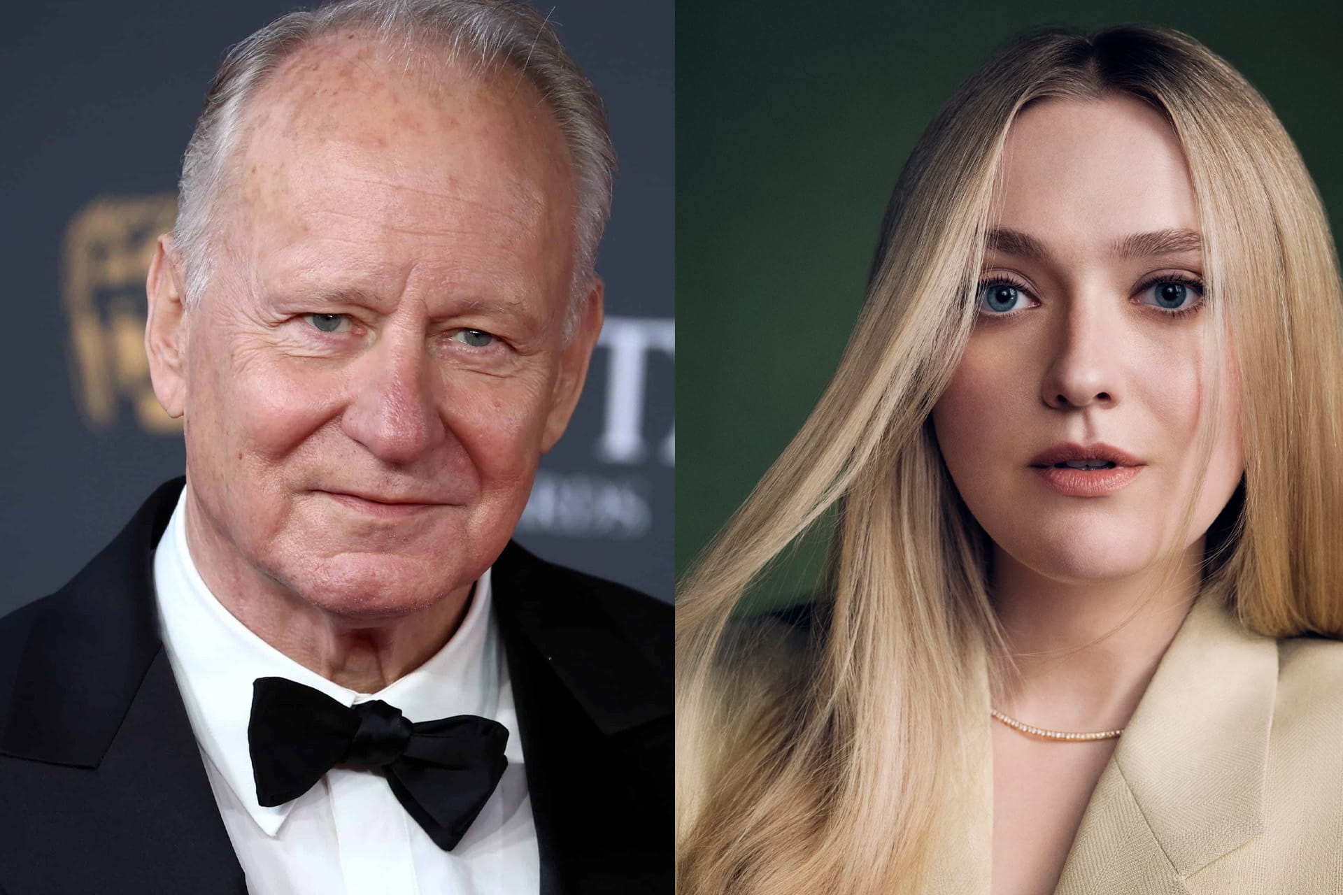 A split image shows Stellan Skarsgård in a black tuxedo and bow tie on the left, and a young woman with long blonde hair in a beige blazer on the right, both gazing at the camera—evoking the intrigue of an Apple TV thriller.
