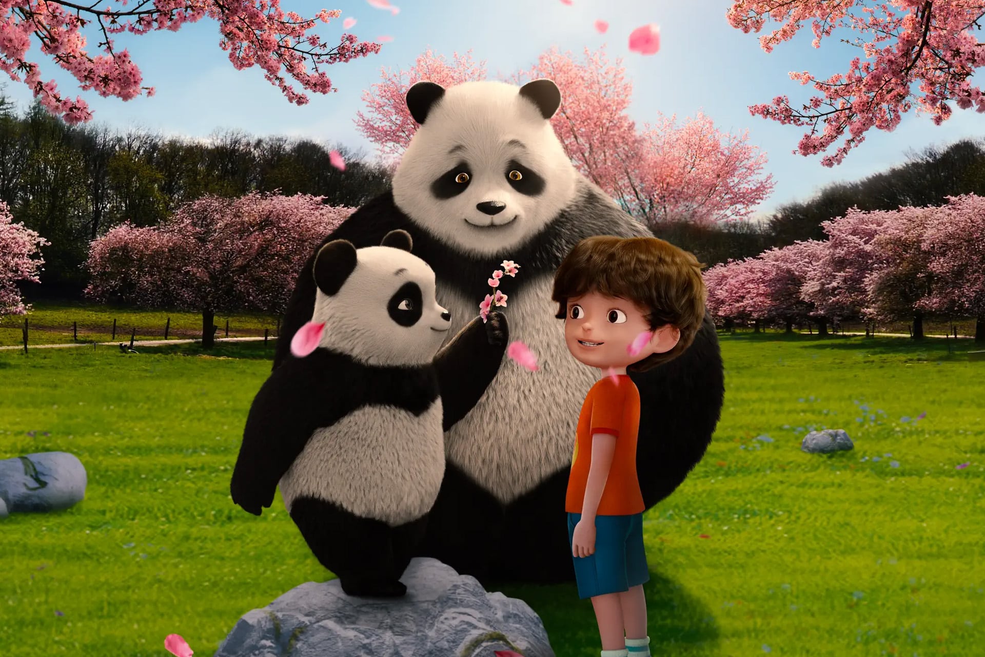 A large panda and a small panda, inspired by the beloved Stillwater animated series on Apple TV, give a cherry blossom to a smiling child in a field with blooming cherry blossom trees. Pink petals float in the air.