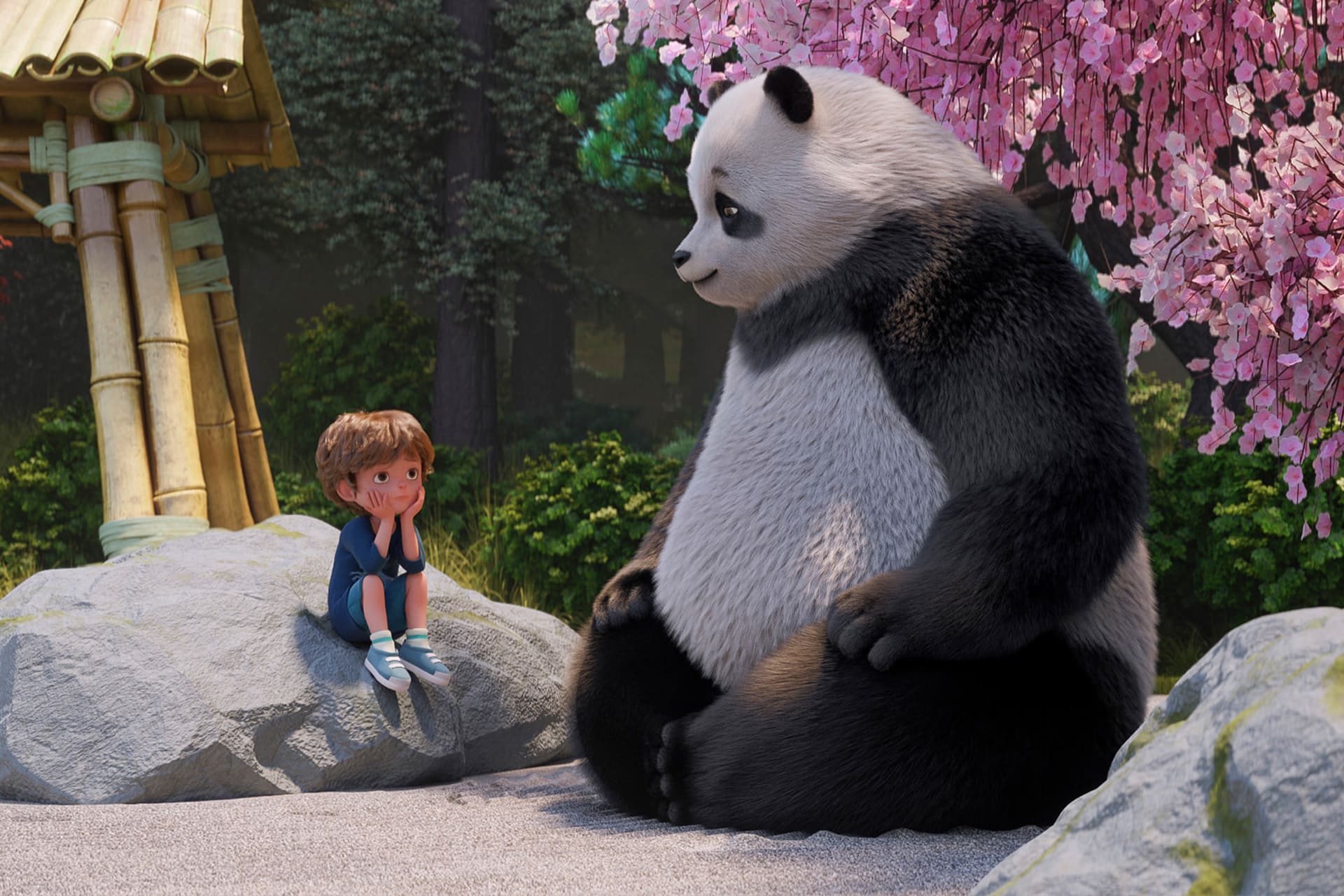 A young child sits on a rock, facing a large panda under pink cherry blossoms. Both appear relaxed, surrounded by trees and a bamboo structure in the background—a tranquil moment inspired by the animated series Stillwater, capturing the gentle wisdom and calm of Stillwater season 5.