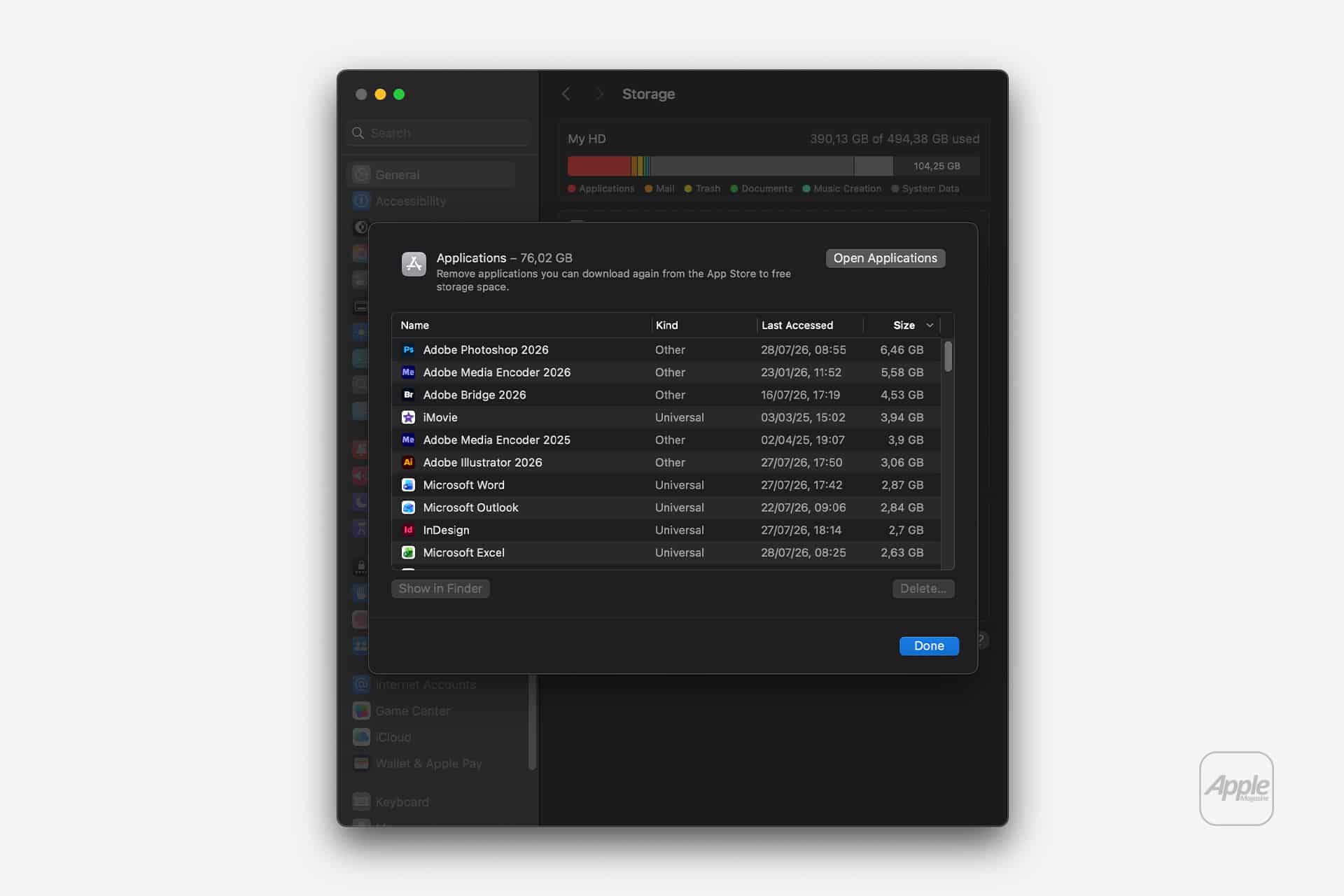 A Mac storage management window displays a list of large applications, including Adobe Photoshop, iMovie, Outlook, Word, and Excel, with details like size, kind, and last accessed date. This feature is especially useful for Mac maintenance tasks in macOS 27, helping users easily identify and uninstall Mac apps that are taking up valuable disk space.