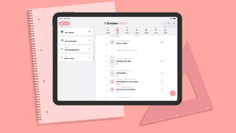 A tablet displays a digital planner for October 7, 2025, showcasing tasks and a calendar—perfect for digital planning enthusiasts. It rests on a spiral notebook and a pink triangular ruler, set against a pink background.