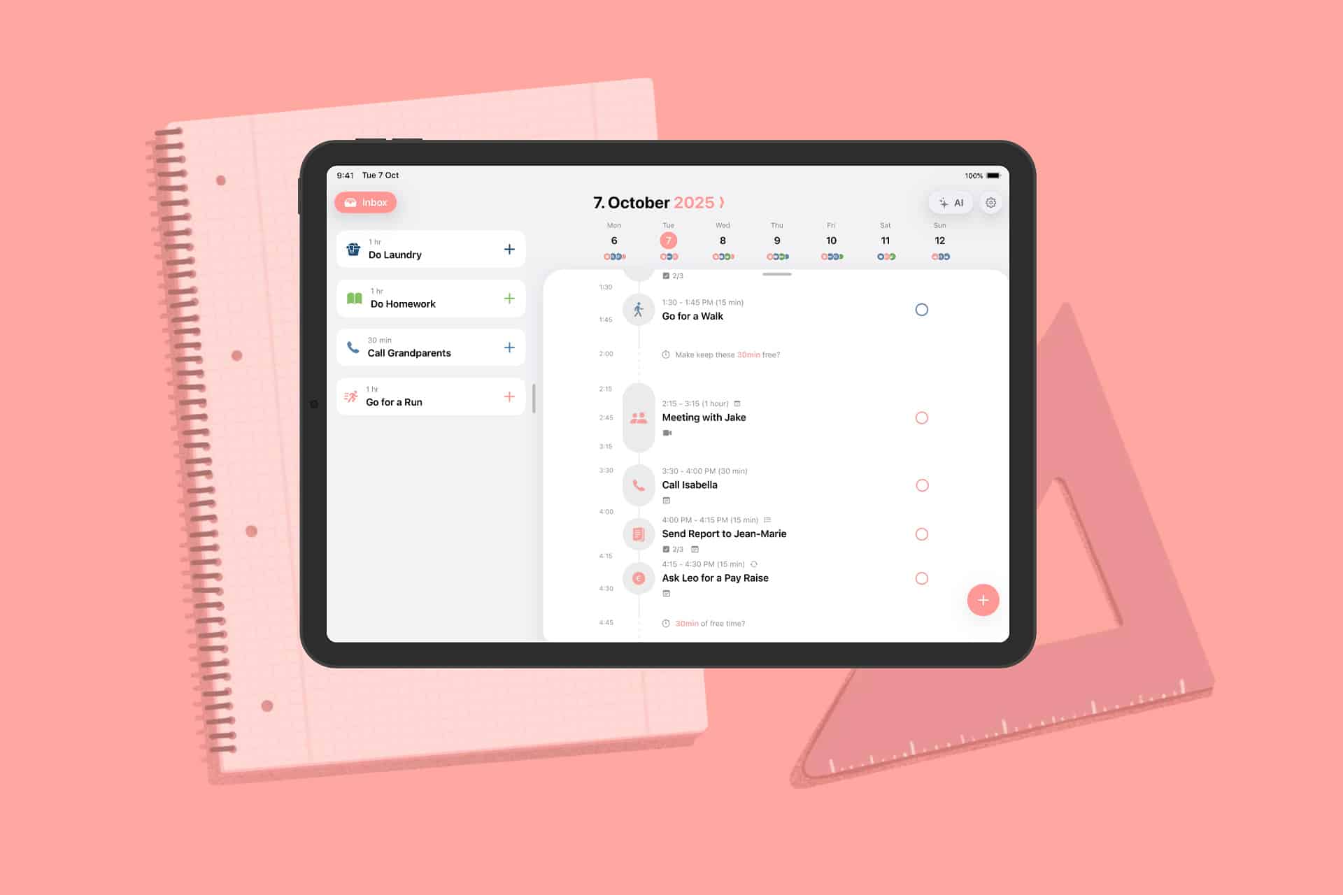 A tablet displays a digital planner for October 7, 2025, showcasing tasks and a calendar—perfect for digital planning enthusiasts. It rests on a spiral notebook and a pink triangular ruler, set against a pink background.