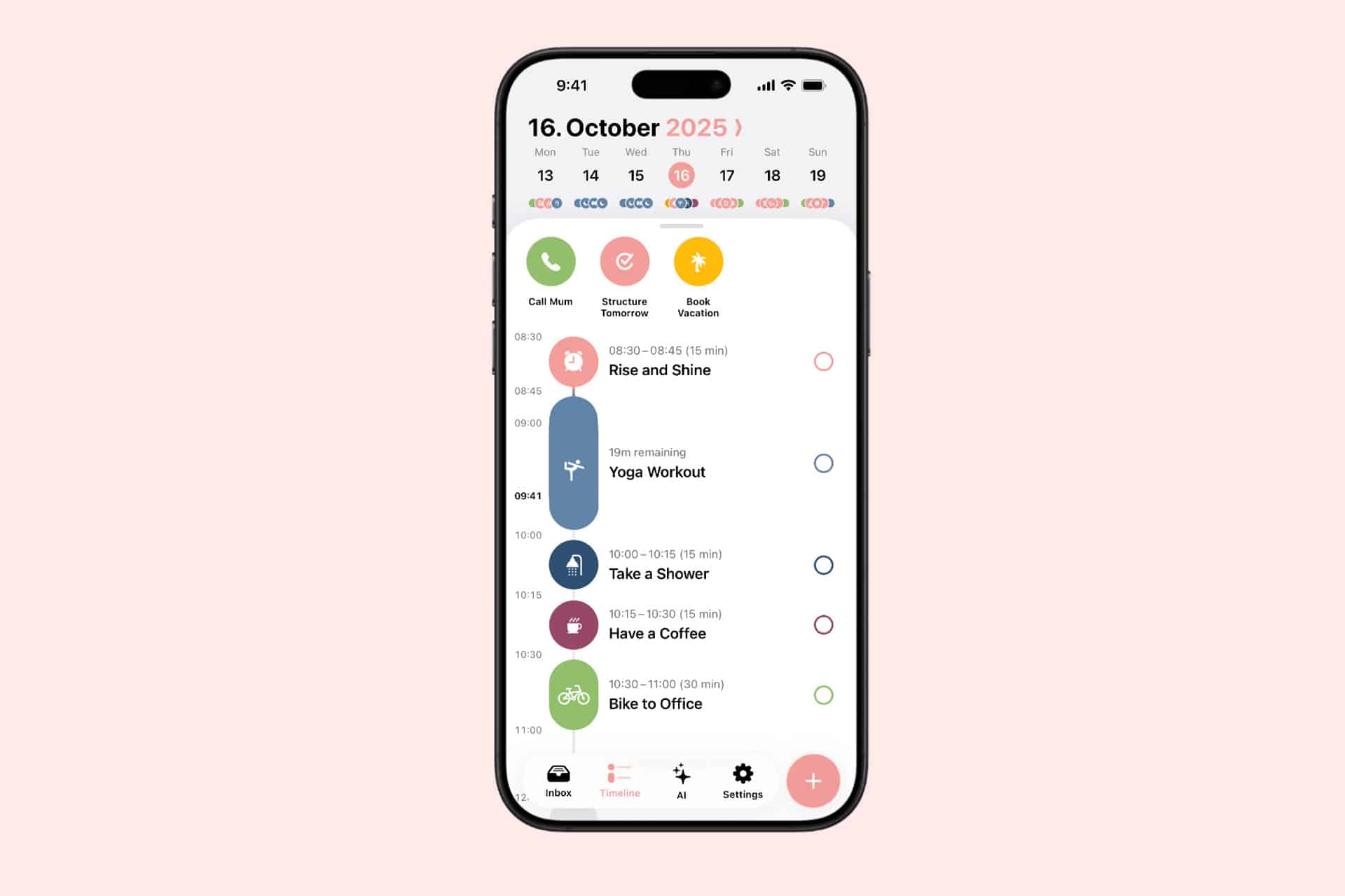 Smartphone displaying a daily schedule app on a pink background, similar to the best digital planners or Mac planner apps, showing tasks like "Rise and Shine," "Yoga Workout," "Take a Shower," "Have a Coffee," and "Bike to Office" for October 16, 2025.
