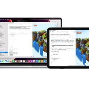 A laptop and a tablet display the same coding app; ideal for young developers, the left screen shows code and a file list, while the right screen displays code and a 3D game environment with floating islands.