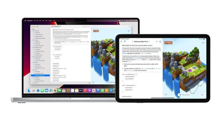 A laptop and a tablet display the same coding app; ideal for young developers, the left screen shows code and a file list, while the right screen displays code and a 3D game environment with floating islands.