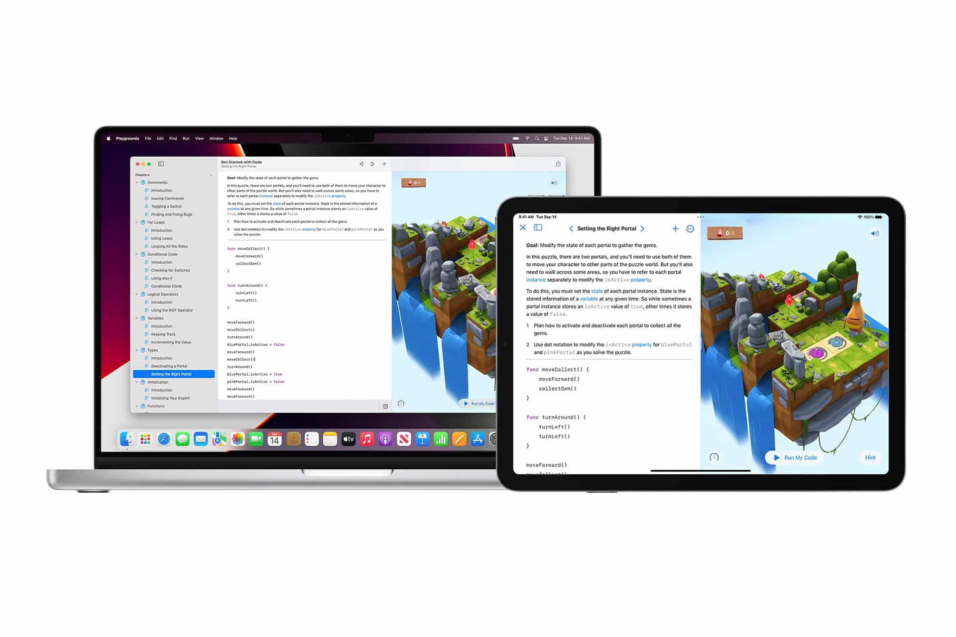 A laptop and a tablet display the same coding app; ideal for young developers, the left screen shows code and a file list, while the right screen displays code and a 3D game environment with floating islands.