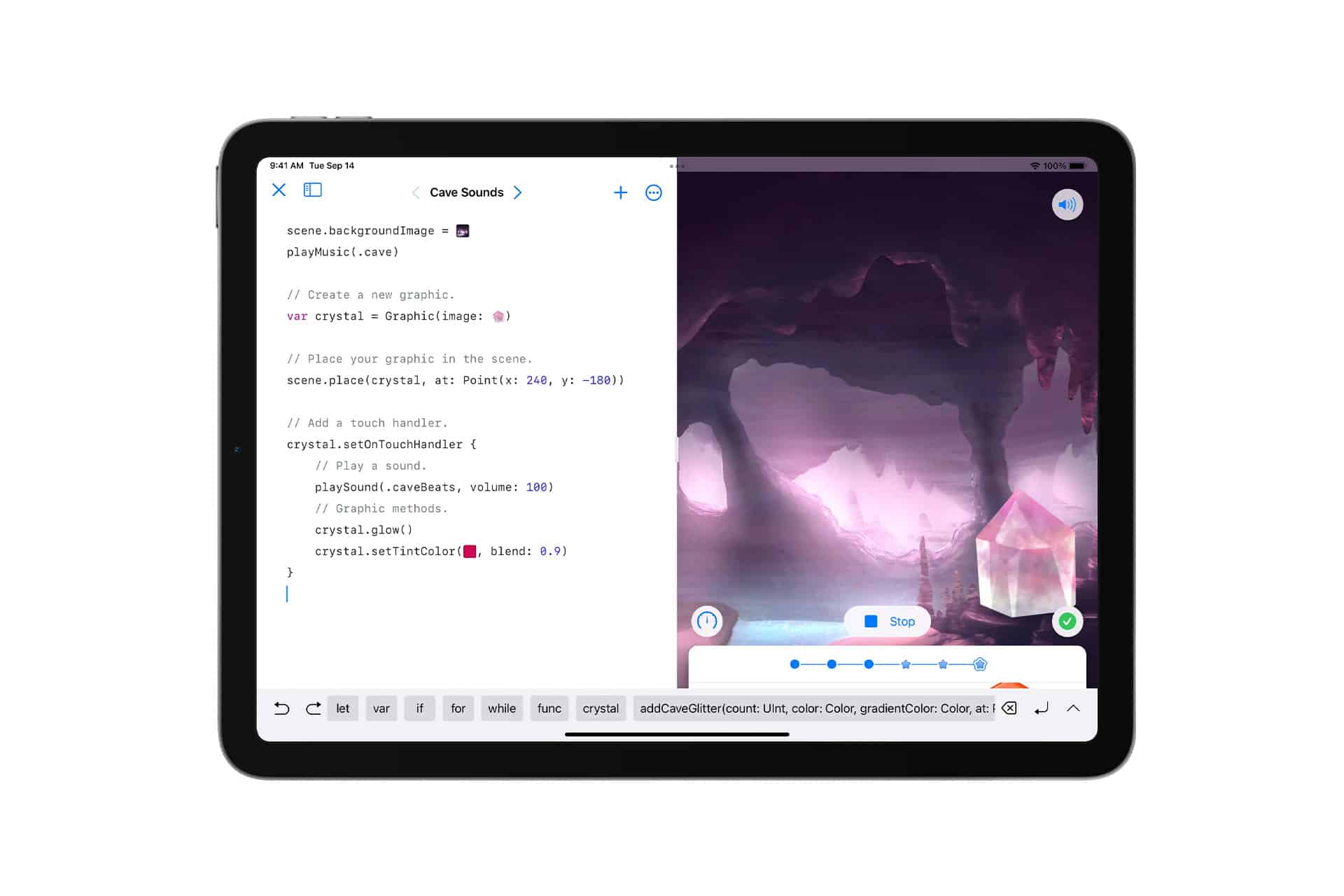 Swift Playgrounds - A tablet screen displays Swift coding on the left, creating a scene with a crystal in a cave. On the right, young developers see a visual of the cave and crystal, with sound controls beneath the image for app development practice.