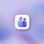 A white rounded square icon with two abstract human figures in purple and blue on a soft purple gradient background suggests seamless collaboration, reminiscent of Microsoft Teams. An Apple logo appears in the lower right corner, hinting at Mac screen sharing compatibility.