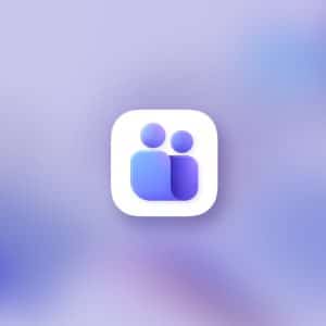 A white rounded square icon with two abstract human figures in purple and blue on a soft purple gradient background suggests seamless collaboration, reminiscent of Microsoft Teams. An Apple logo appears in the lower right corner, hinting at Mac screen sharing compatibility.