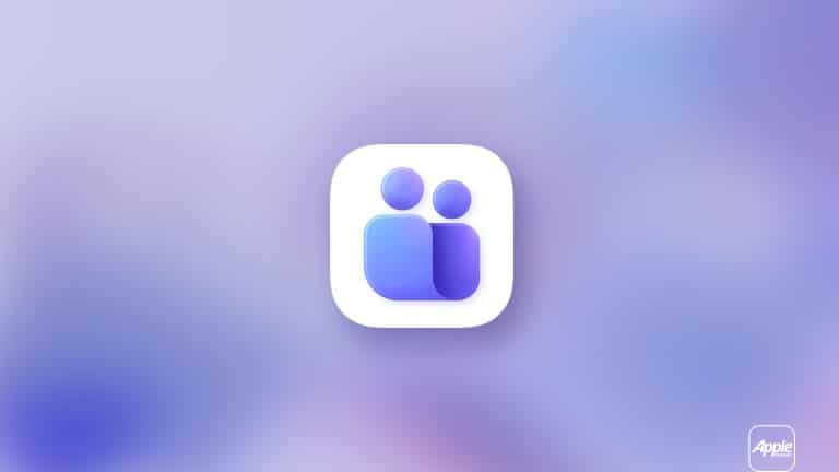 A white rounded square icon with two abstract human figures in purple and blue on a soft purple gradient background suggests seamless collaboration, reminiscent of Microsoft Teams. An Apple logo appears in the lower right corner, hinting at Mac screen sharing compatibility.