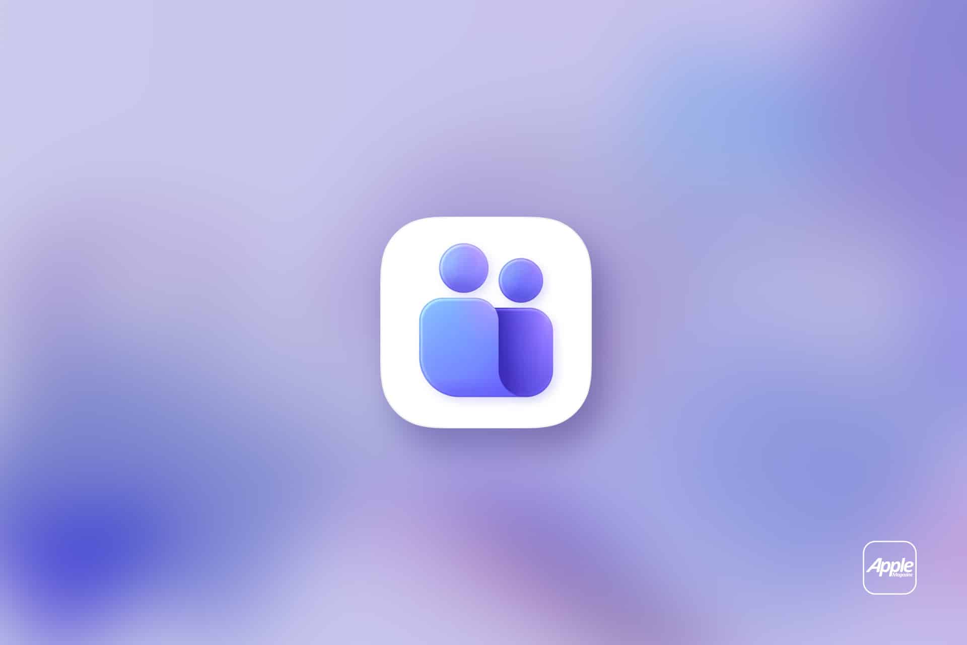 A white rounded square icon with two abstract human figures in purple and blue on a soft purple gradient background suggests seamless collaboration, reminiscent of Microsoft Teams. An Apple logo appears in the lower right corner, hinting at Mac screen sharing compatibility.