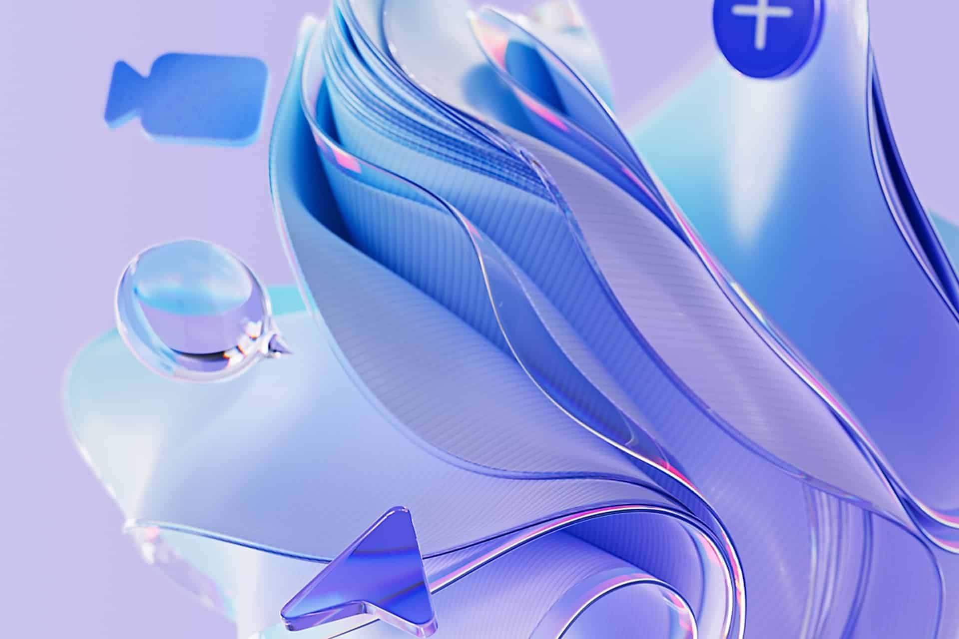 Abstract digital artwork featuring flowing, layered shapes in blue and purple tones evokes the modern feel of a Microsoft Teams interface, with translucent elements and icons such as a paper plane, video camera, and a plus sign reminiscent of Teams screen sharing—all set against a soft lilac background.