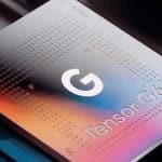 Close-up photo of a Google 2nm Tensor G6 chip with a large "G" logo in the center, displaying a gradient of colors and metallic surface details, highlighting advanced TSMC 2nm fabrication.