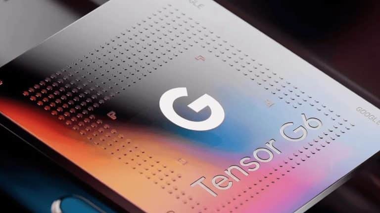 Close-up photo of a Google 2nm Tensor G6 chip with a large "G" logo in the center, displaying a gradient of colors and metallic surface details, highlighting advanced TSMC 2nm fabrication.