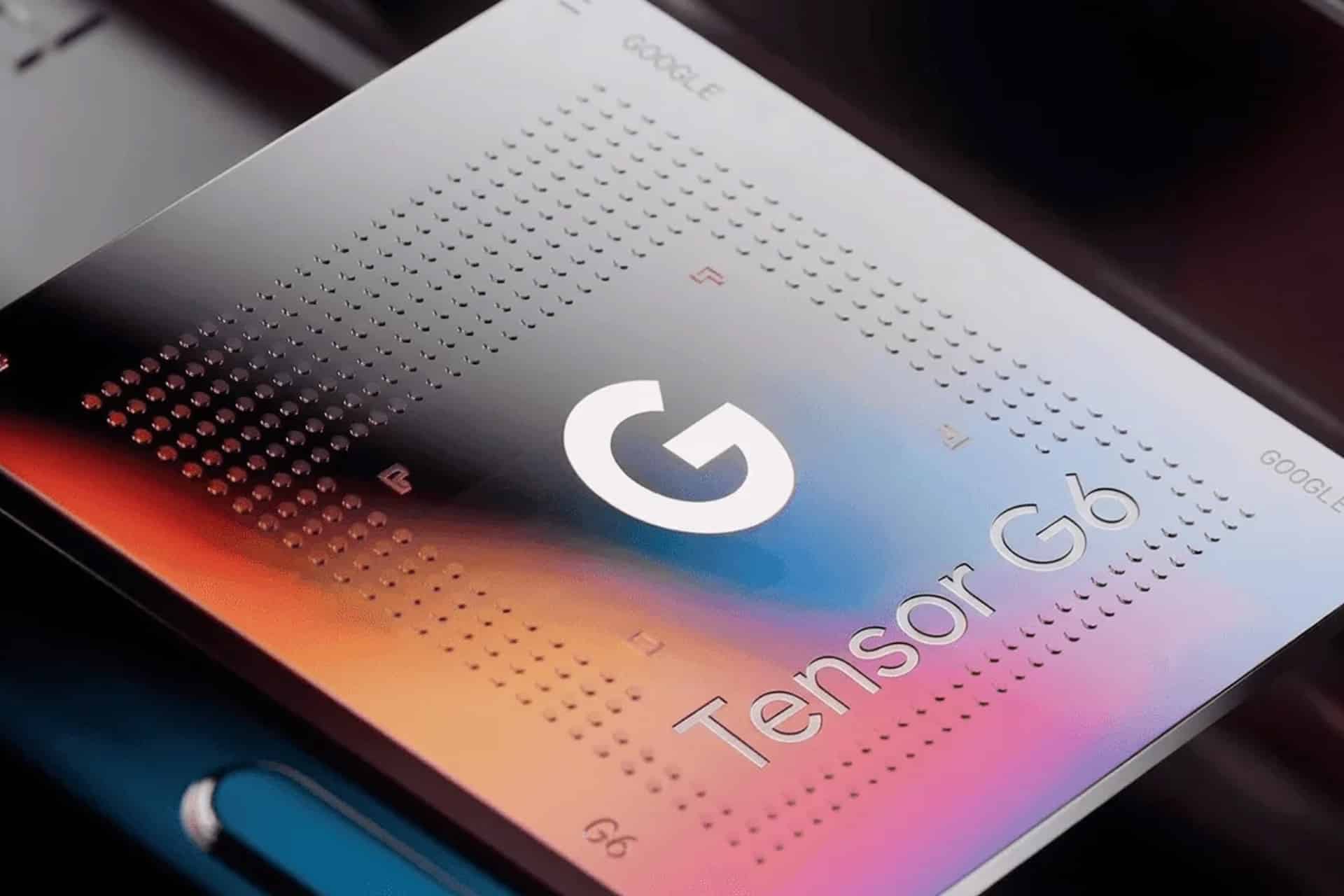 Close-up photo of a Google 2nm Tensor G6 chip with a large "G" logo in the center, displaying a gradient of colors and metallic surface details, highlighting advanced TSMC 2nm fabrication.
