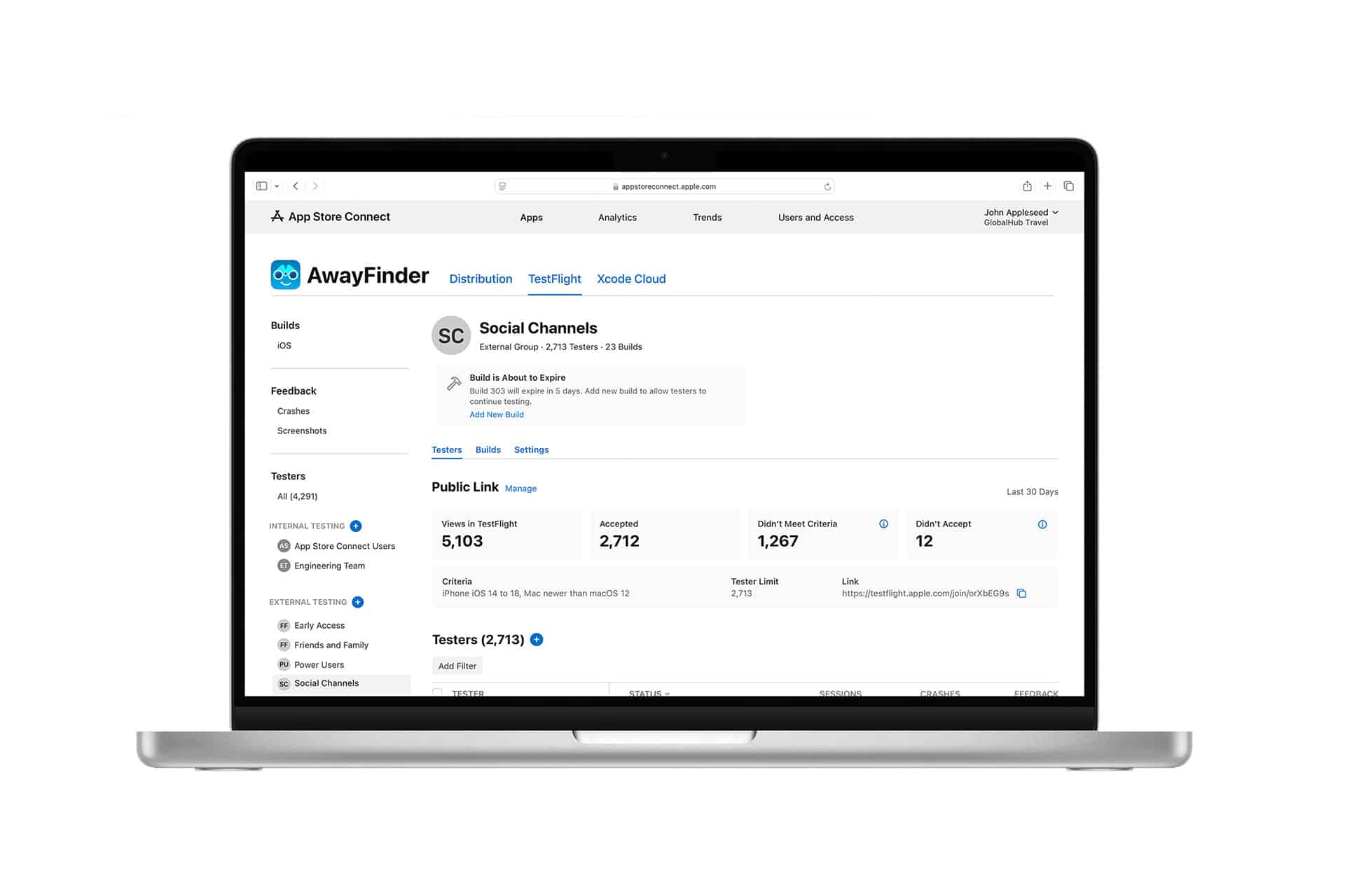 A laptop screen displays the TestFlight page for the AwayFinder app on App Store Connect, showing build info, team members, metrics, and stats for testers and installs—perfect for managing beta app testing and utilizing features like TestFlight search in TestFlight 4.3.