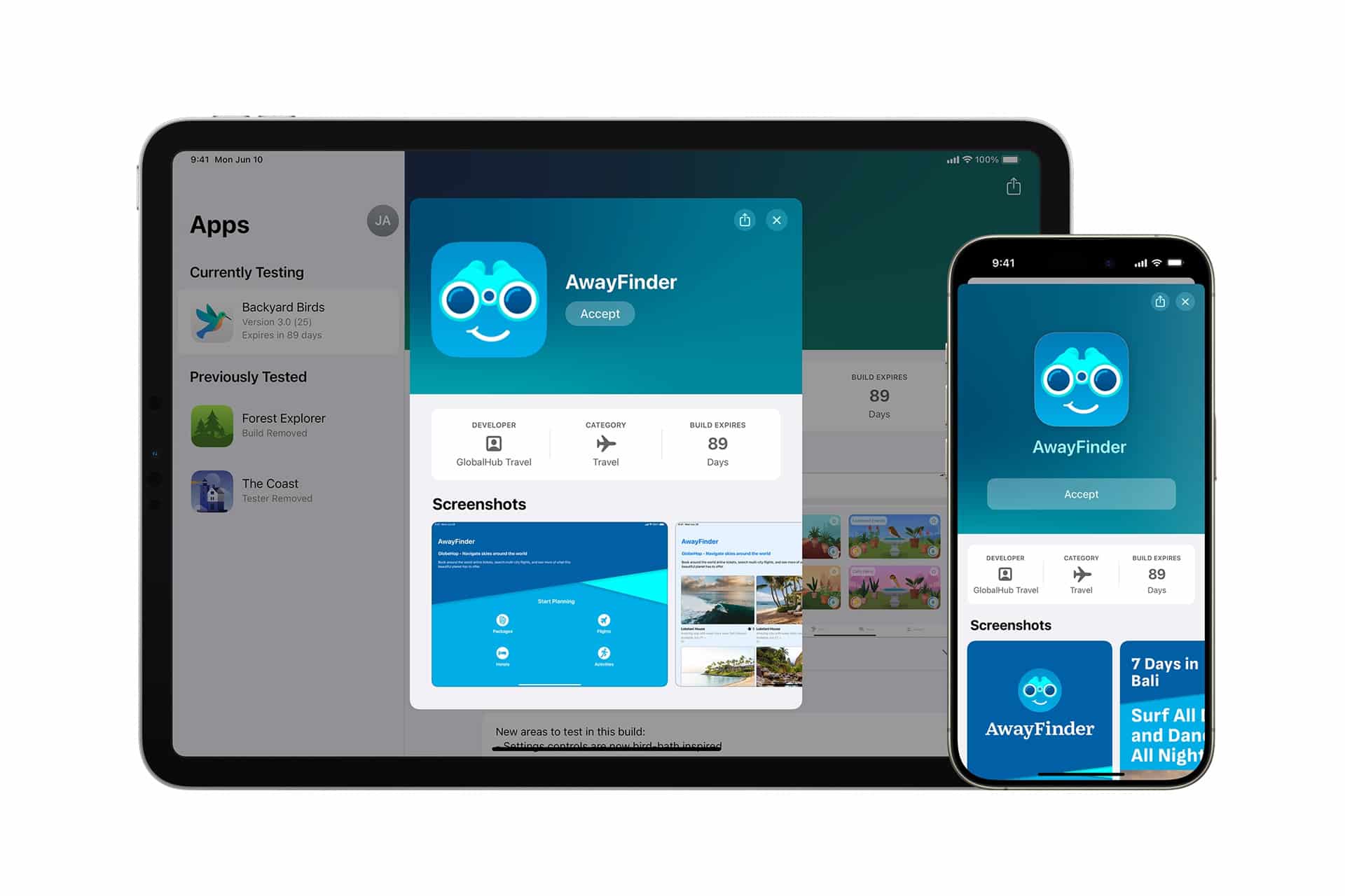 An iPad and iPhone display the AwayFinder app details and screenshots in TestFlight 4.3, with a blue icon featuring a smiling face. The iPad is on the left and the iPhone is on the right, illustrating beta app testing through the updated TestFlight interface.