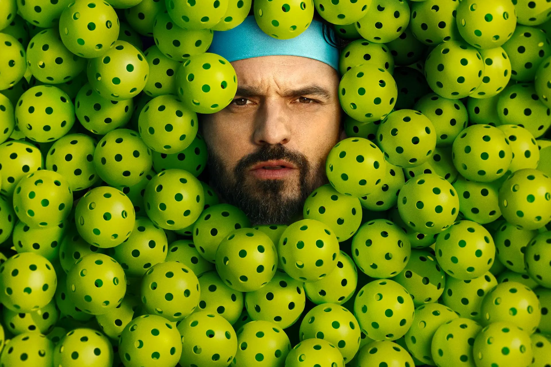 A man's face, wearing a blue headband, is surrounded by a large number of green pickleballs with holes—a playful scene reminiscent of The Dink premiere from Apple Original Films.