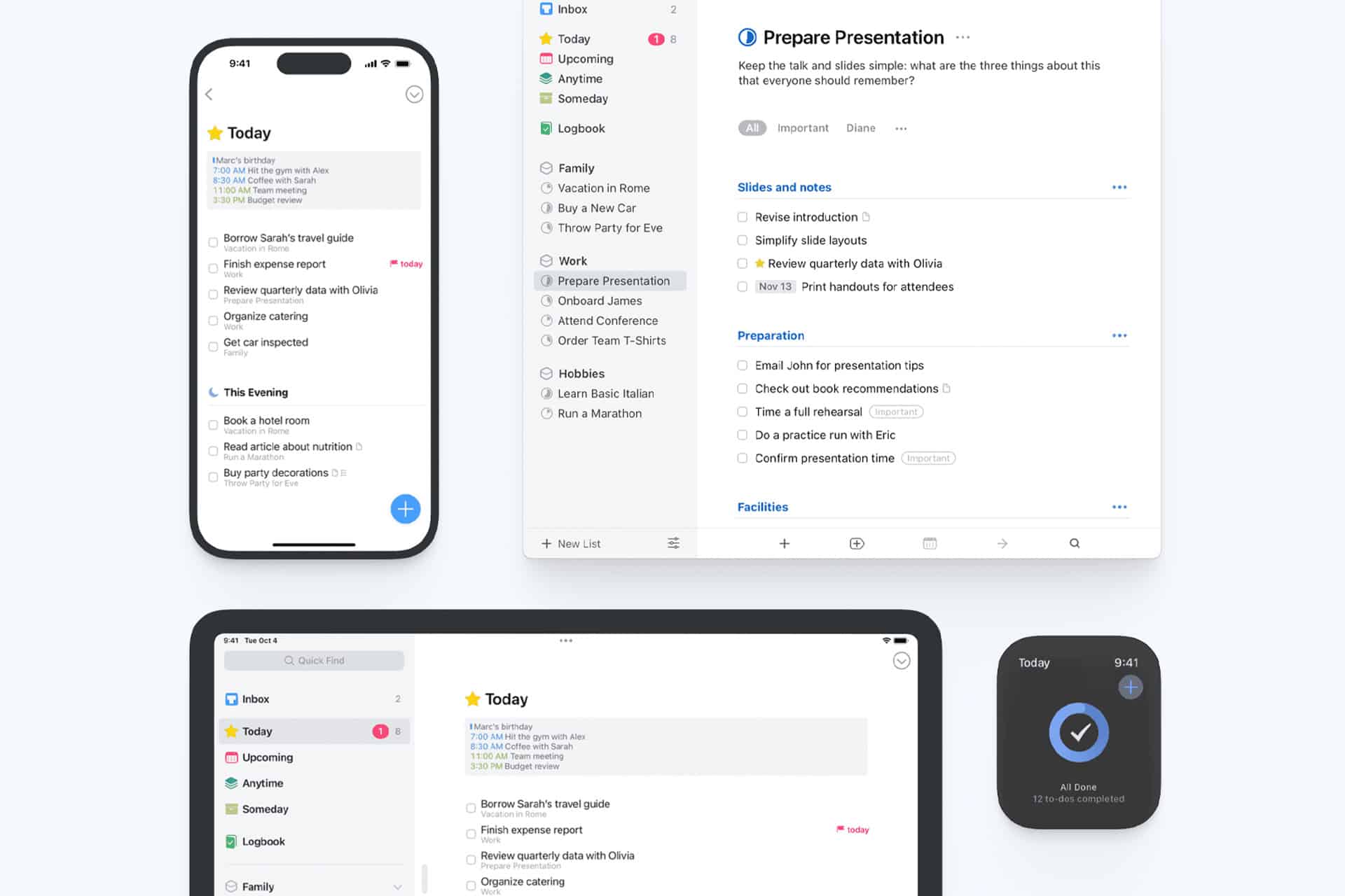 A productivity app interface is displayed on a smartphone, tablet, desktop, and smartwatch, showing task lists, checkboxes, and a schedule for today—highlighting cross-device syncing and organization features for those seeking the best digital planners. It seamlessly functions as both an iPad planner and Mac planner to keep your workflow efficient everywhere.