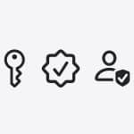 Three black icons on a light gray background: a key, a checkmark badge, and a person with a shield featuring a checkmark. The icons reflect scam detection, security, and user protection—key themes in iOS 27 Trust Insights.
