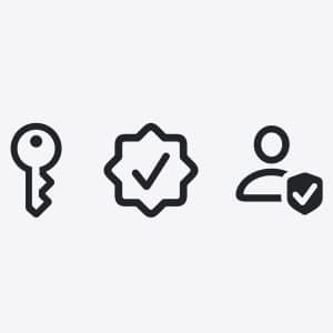 Three black icons on a light gray background: a key, a checkmark badge, and a person with a shield featuring a checkmark. The icons reflect scam detection, security, and user protection—key themes in iOS 27 Trust Insights.