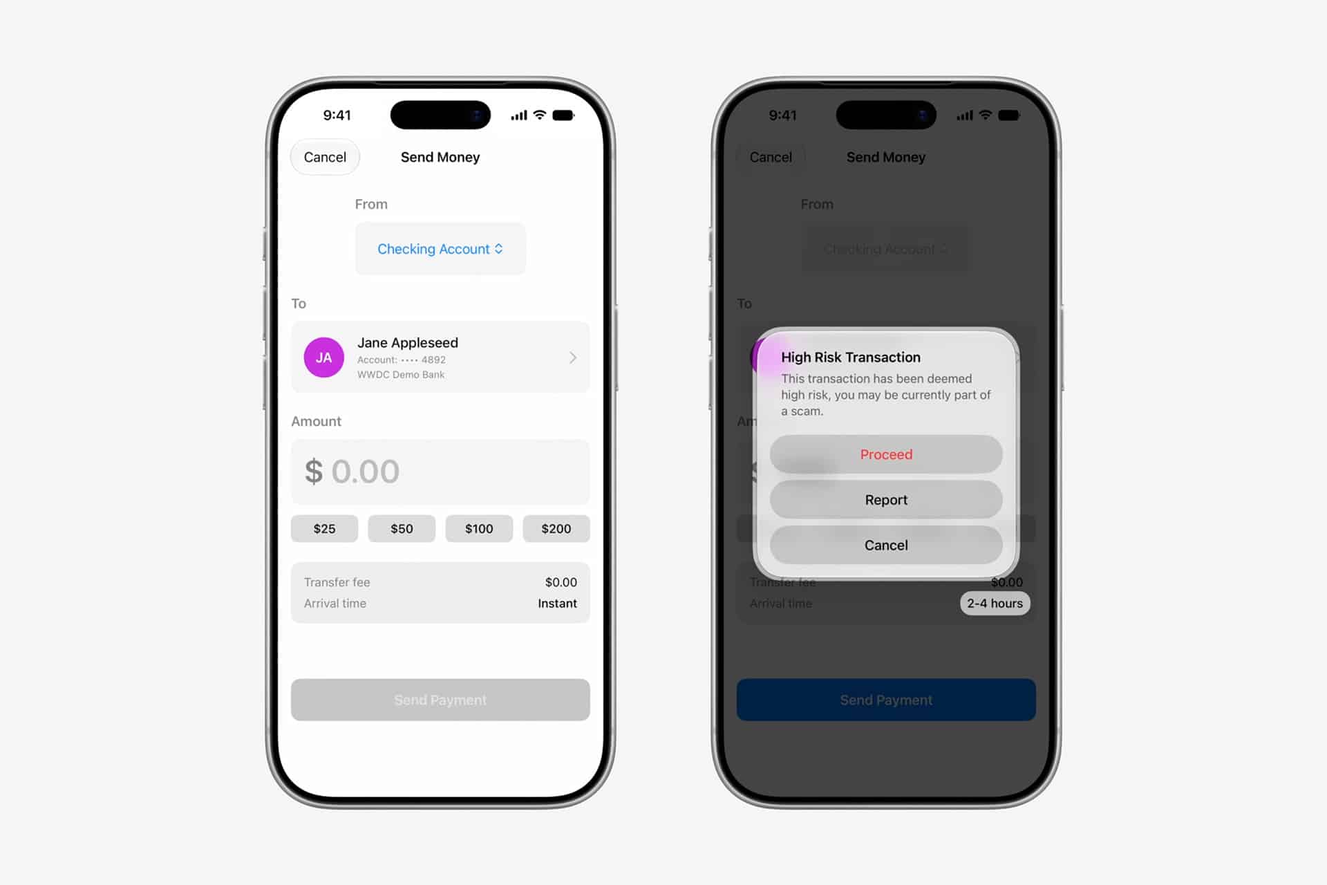 Two smartphones display a money transfer app. The left screen shows transfer details with a $0 amount. The right, running iOS 27, displays a scam detection warning for a high-risk transaction with options to proceed, report, or cancel.