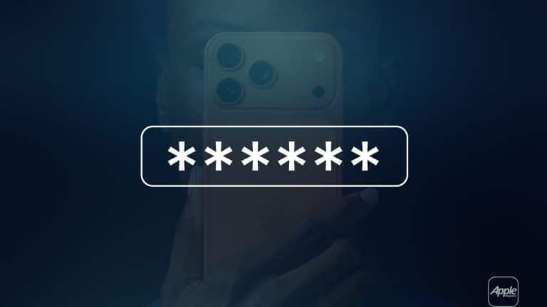 A person holds a smartphone in front of their face, partially obscured by a row of asterisks representing a password. The Apple logo is visible in the lower right corner, hinting at iPhone verification codes appearing via iOS autofill.