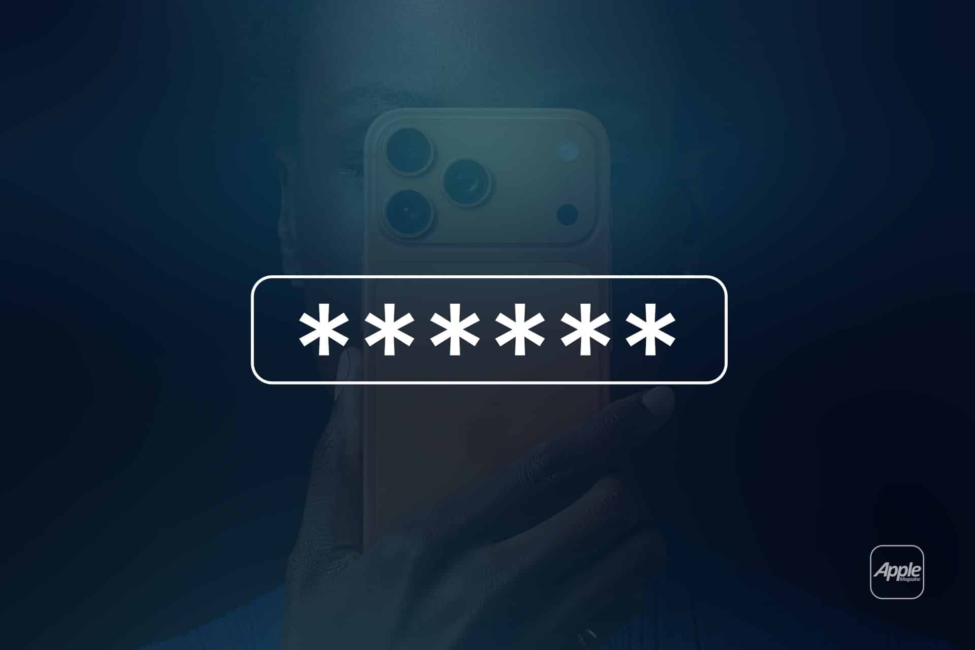 A person holds a smartphone in front of their face, partially obscured by a row of asterisks representing a password. The Apple logo is visible in the lower right corner, hinting at iPhone verification codes appearing via iOS autofill.