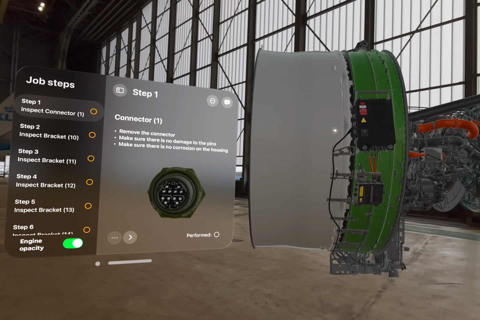 A digital interface displays jet engine inspection steps, highlighting connector inspection. Leveraging the immersive capabilities of Vision Pro, a detailed 3D model of the engine appears beside the instructions inside a hangar with large windows, illustrating cutting-edge industrial design.