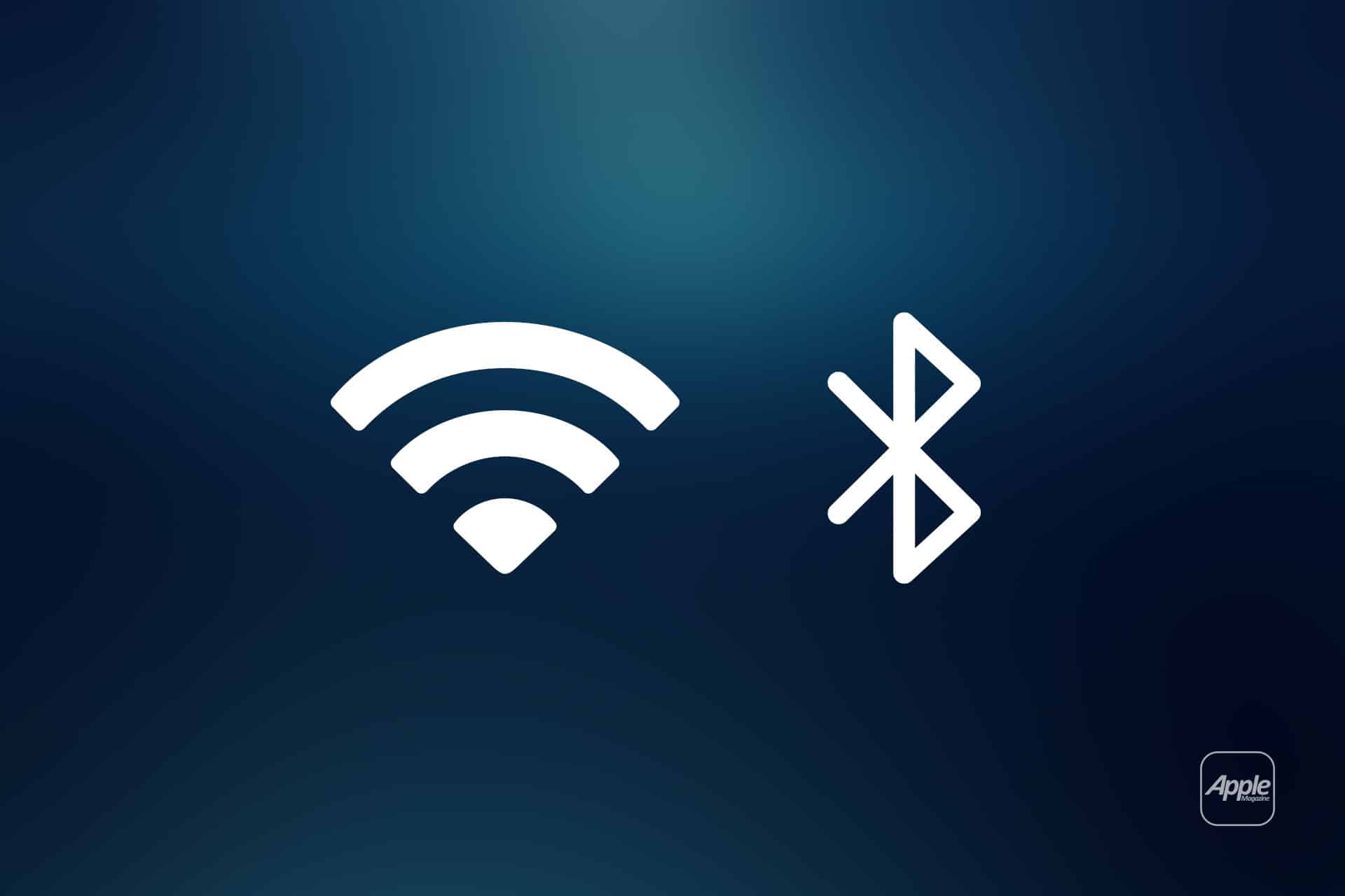 White Wi-Fi and Bluetooth icons on a dark blue gradient background, with a small Apple logo in the bottom right corner—an elegant nod to Apple’s Ecosystem, seamlessly connecting your devices through Wi-Fi and Bluetooth for effortless AirPlay experiences.