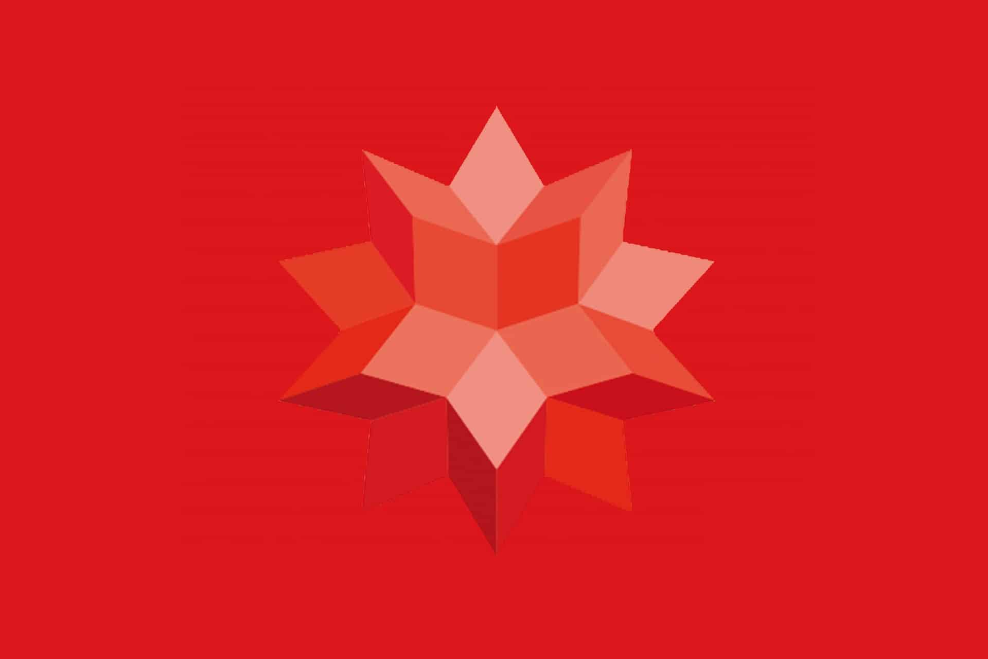 A geometric, 3D red star with polygonal facets is centered on a solid red background, reminiscent of the sleek design language found in Apple Intelligence. The star is composed of interlocking shapes in varying shades of red.
