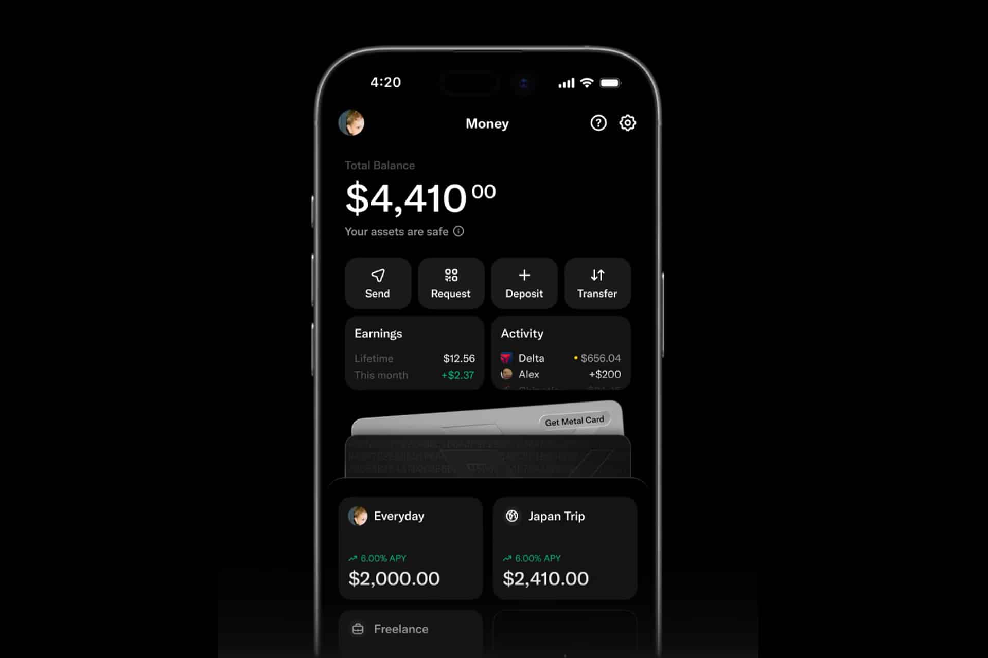 A smartphone screen displays a financial app showing a $4,410 balance, account options like request, deposit, and transfer, recent activity, and two spending categories: “Everyday” with $2,000 and “Japan Trip” with $2,410. The app seamlessly integrates with Apple Wallet and supports Apple Pay for convenient spending using your X Card.