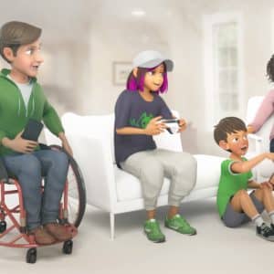 Four animated characters—an adult man in a wheelchair, a girl holding a game controller, a boy pointing excitedly, and a woman sitting on a couch—are playing video games together in a bright living room, enjoying screen time while using Xbox parental controls to ensure a fun and safe gaming experience.