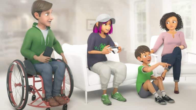Four animated characters—an adult man in a wheelchair, a girl holding a game controller, a boy pointing excitedly, and a woman sitting on a couch—are playing video games together in a bright living room, enjoying screen time while using Xbox parental controls to ensure a fun and safe gaming experience.