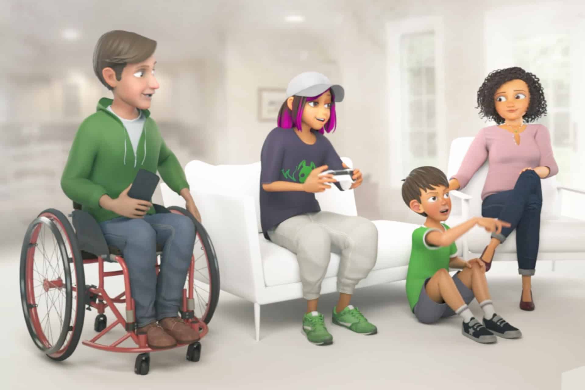 Four animated characters—an adult man in a wheelchair, a girl holding a game controller, a boy pointing excitedly, and a woman sitting on a couch—are playing video games together in a bright living room, enjoying screen time while using Xbox parental controls to ensure a fun and safe gaming experience.