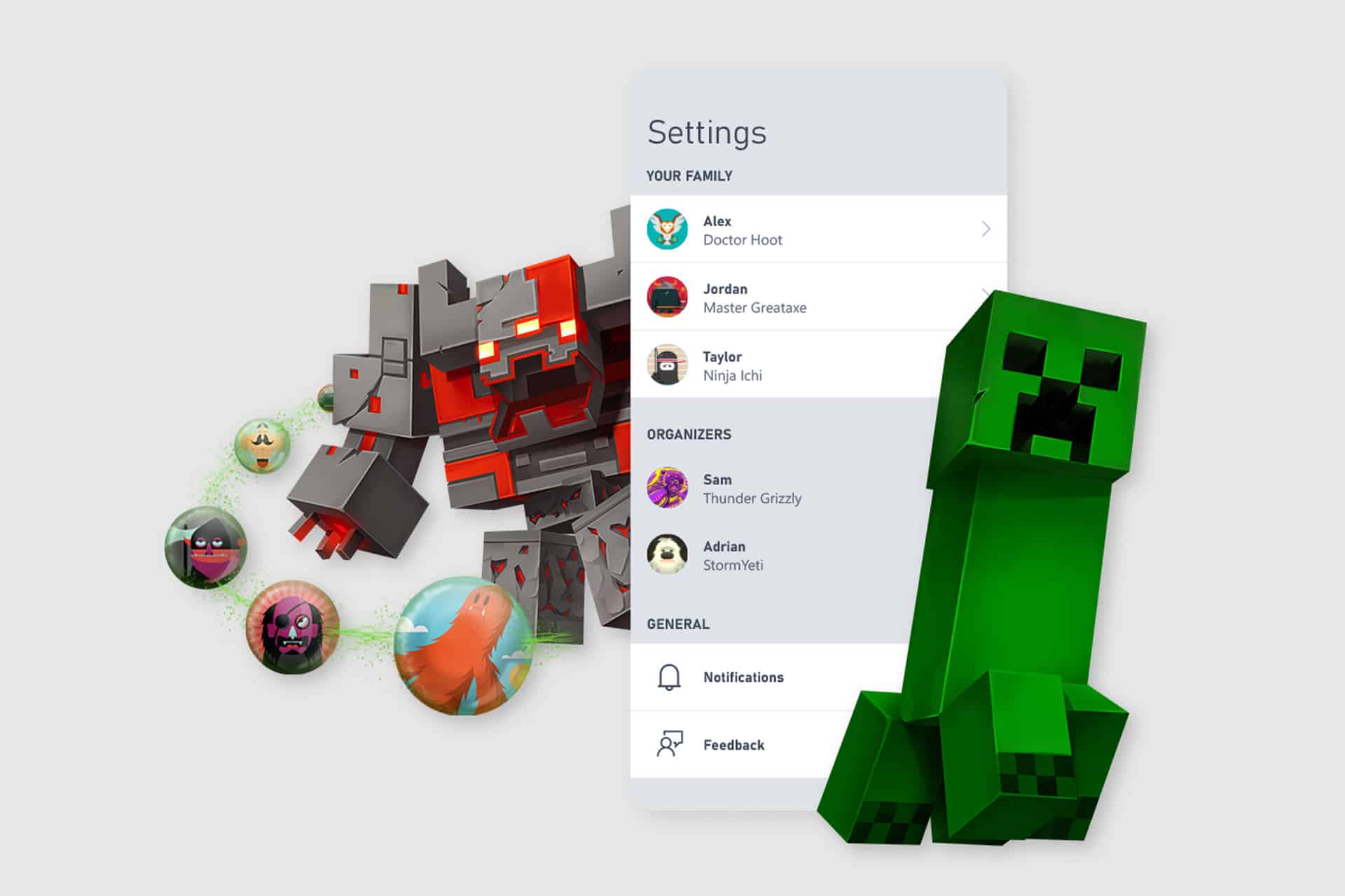 A Minecraft Creeper, a stone golem, and various spherical avatars surround a mobile settings screen displaying an Xbox Family Settings family group list, complete with user names, roles, and options for managing screen time and Xbox parental controls.