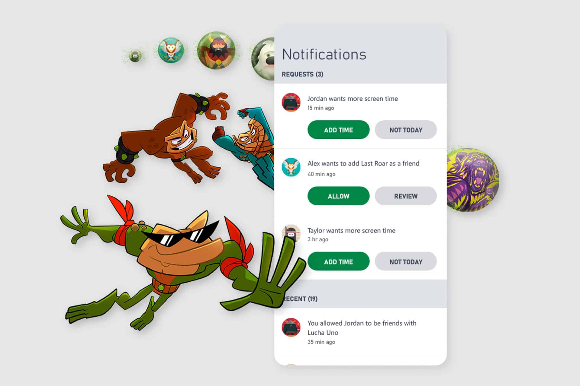 A notifications screen showing Xbox parental controls, including screen time and friend requests, overlaid on cartoon frogs and villains in action poses.
