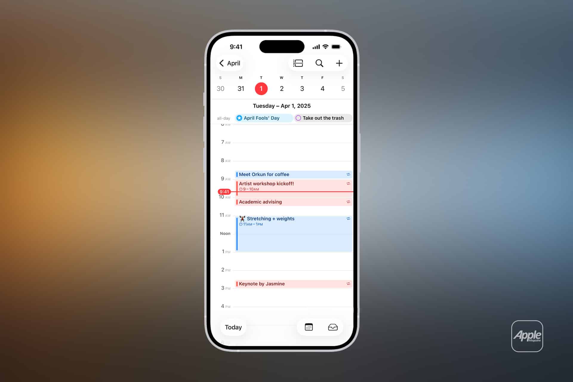 An iPhone displays the Apple Calendar app open to April 1, 2025, with events scheduled throughout the day—meetings, workshops, advising, and a keynote. The Apple logo appears in the lower right corner.