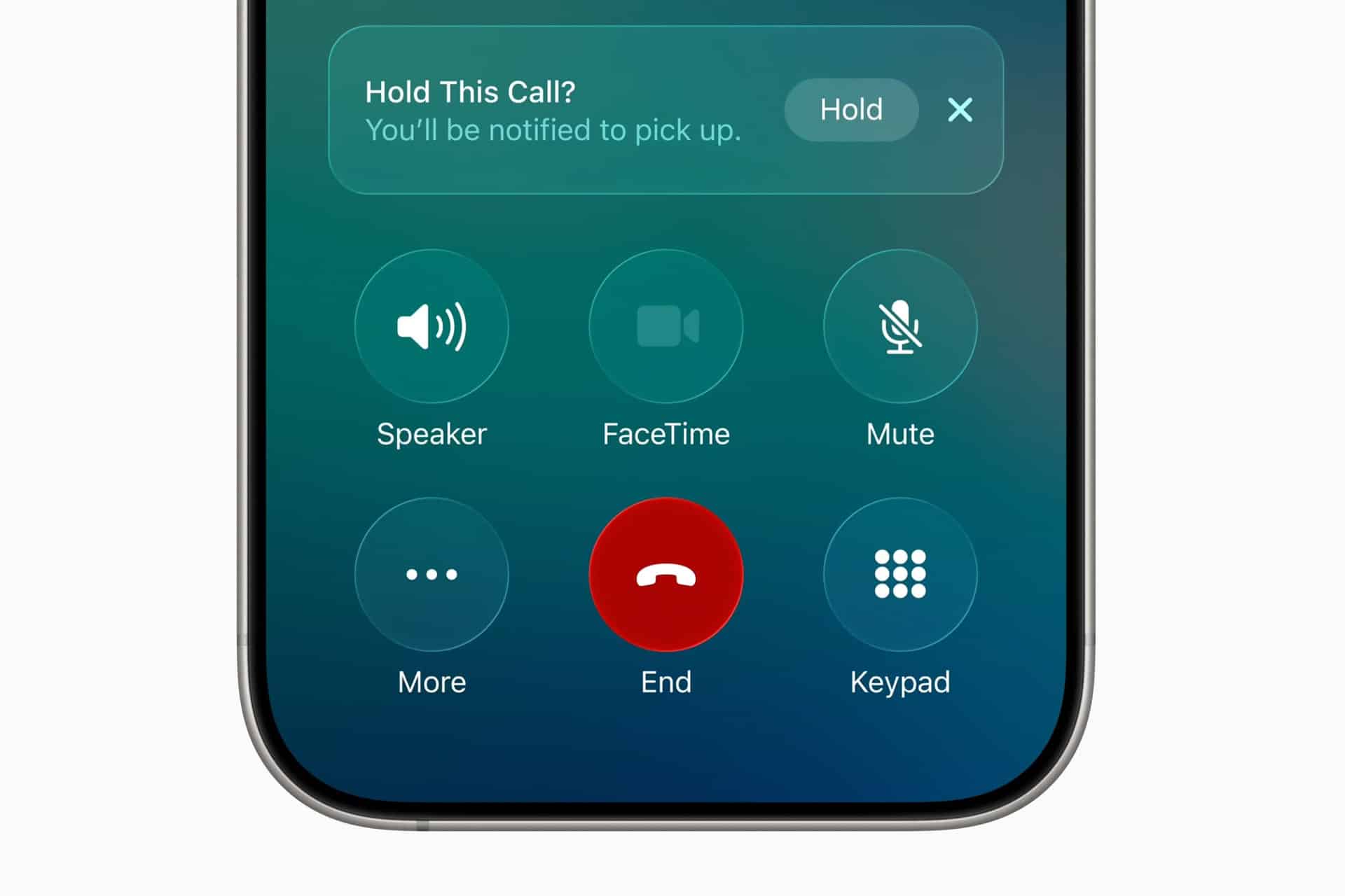 Close-up of an iPhone call screen showing options: Speaker, FaceTime, Mute, More, End (red button), and Keypad. A notification at the top says "Hold This Call? You'll be notified to pick up." The image highlights typical iPhone features used for managing calls and cellular service, including call forwarding capabilities.