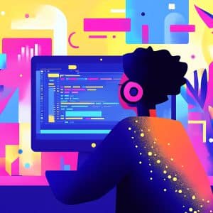 A person with headphones sits at a desk, vibe coding on a computer in a vibrant, colorful, abstract environment filled with plants and geometric shapes in the background.