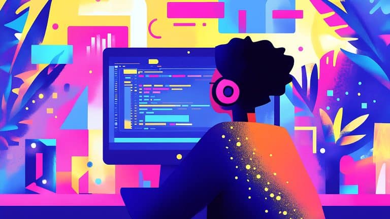 A person with headphones sits at a desk, vibe coding on a computer in a vibrant, colorful, abstract environment filled with plants and geometric shapes in the background.