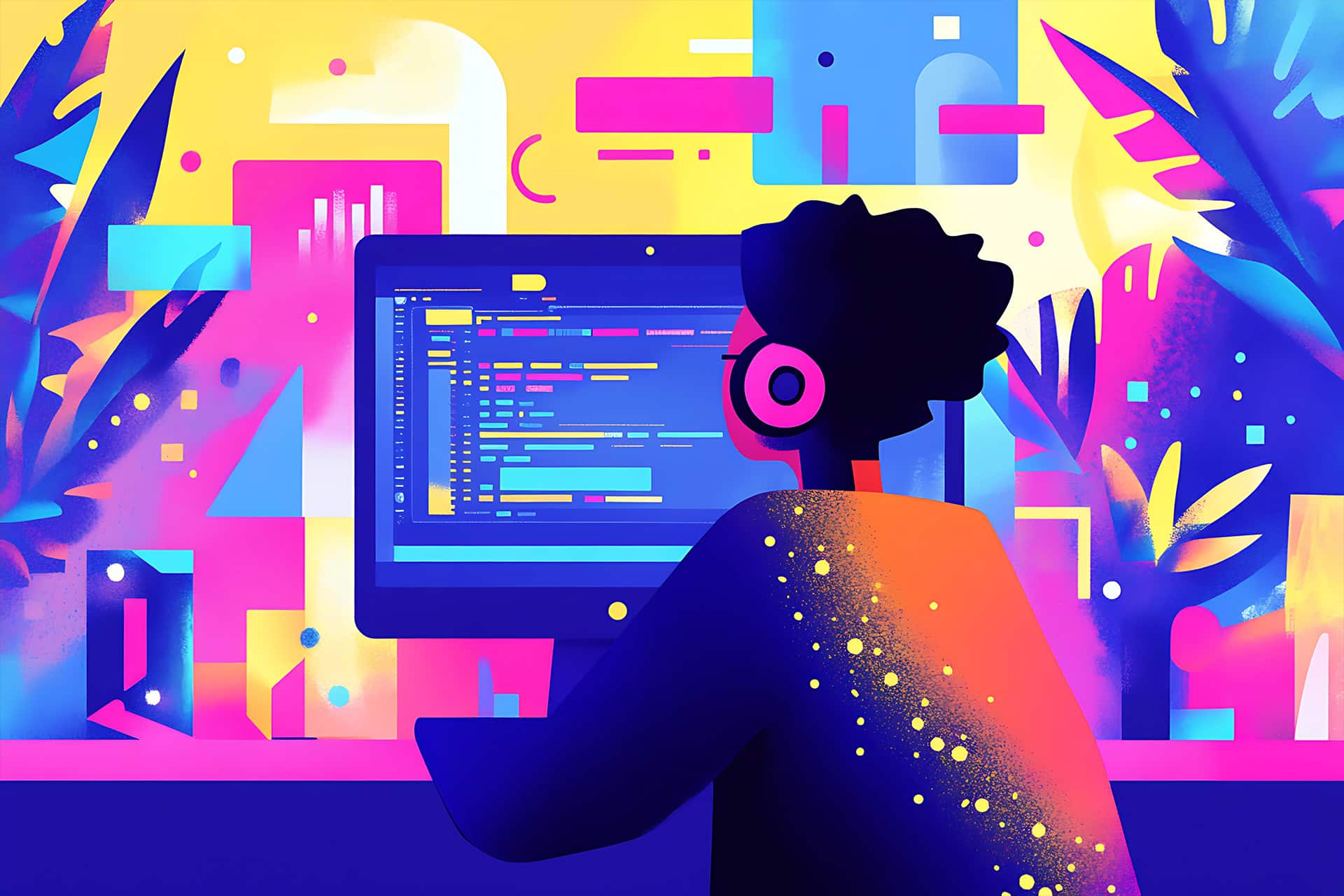 A person with headphones sits at a desk, vibe coding on a computer in a vibrant, colorful, abstract environment filled with plants and geometric shapes in the background.