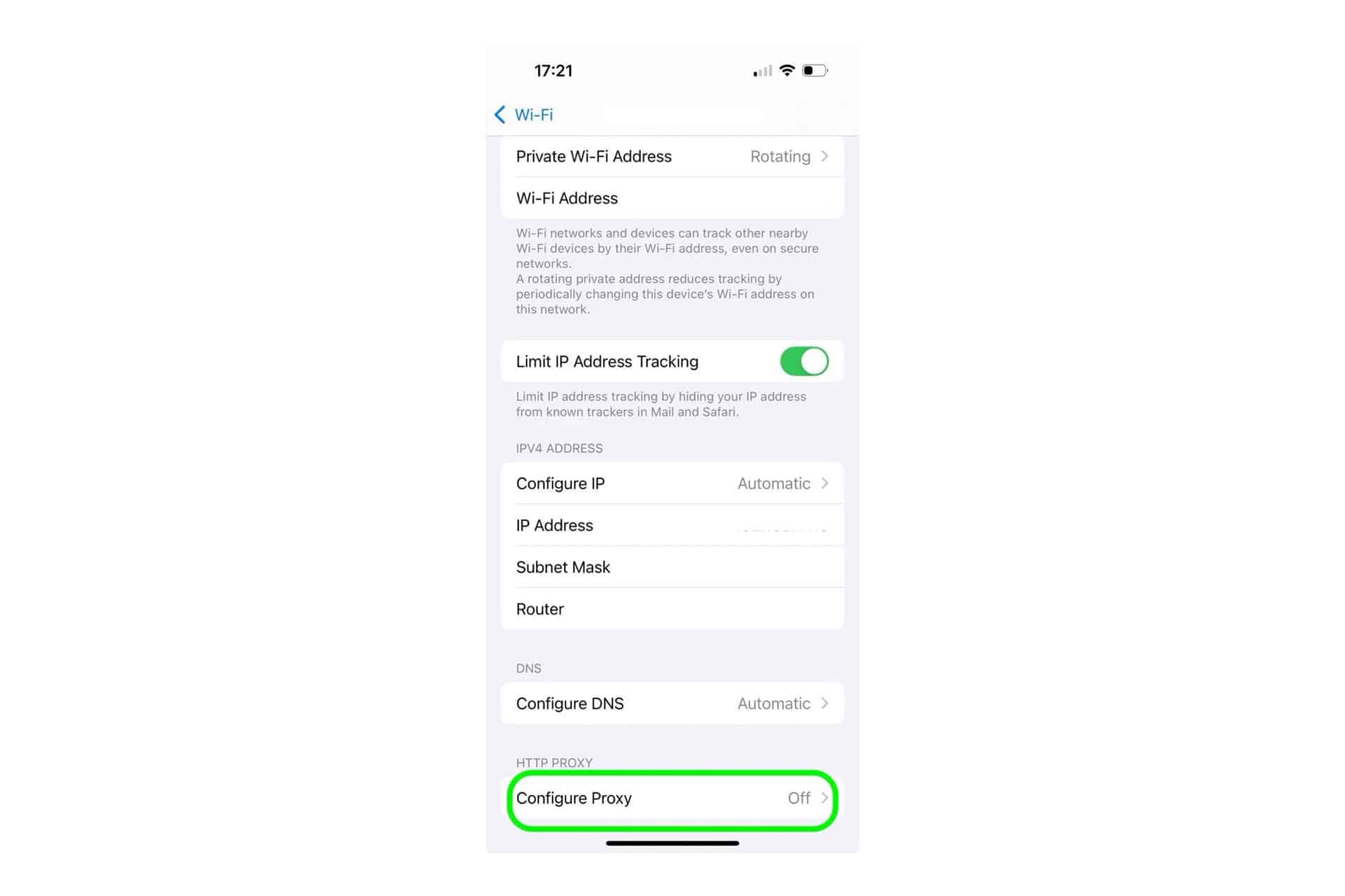 A smartphone Wi-Fi settings screen. At the bottom, the "Configure Proxy" option—part of iPhone proxy settings—is highlighted in green, with its status set to "Off." Other options like Configure IP and DNS are also visible.