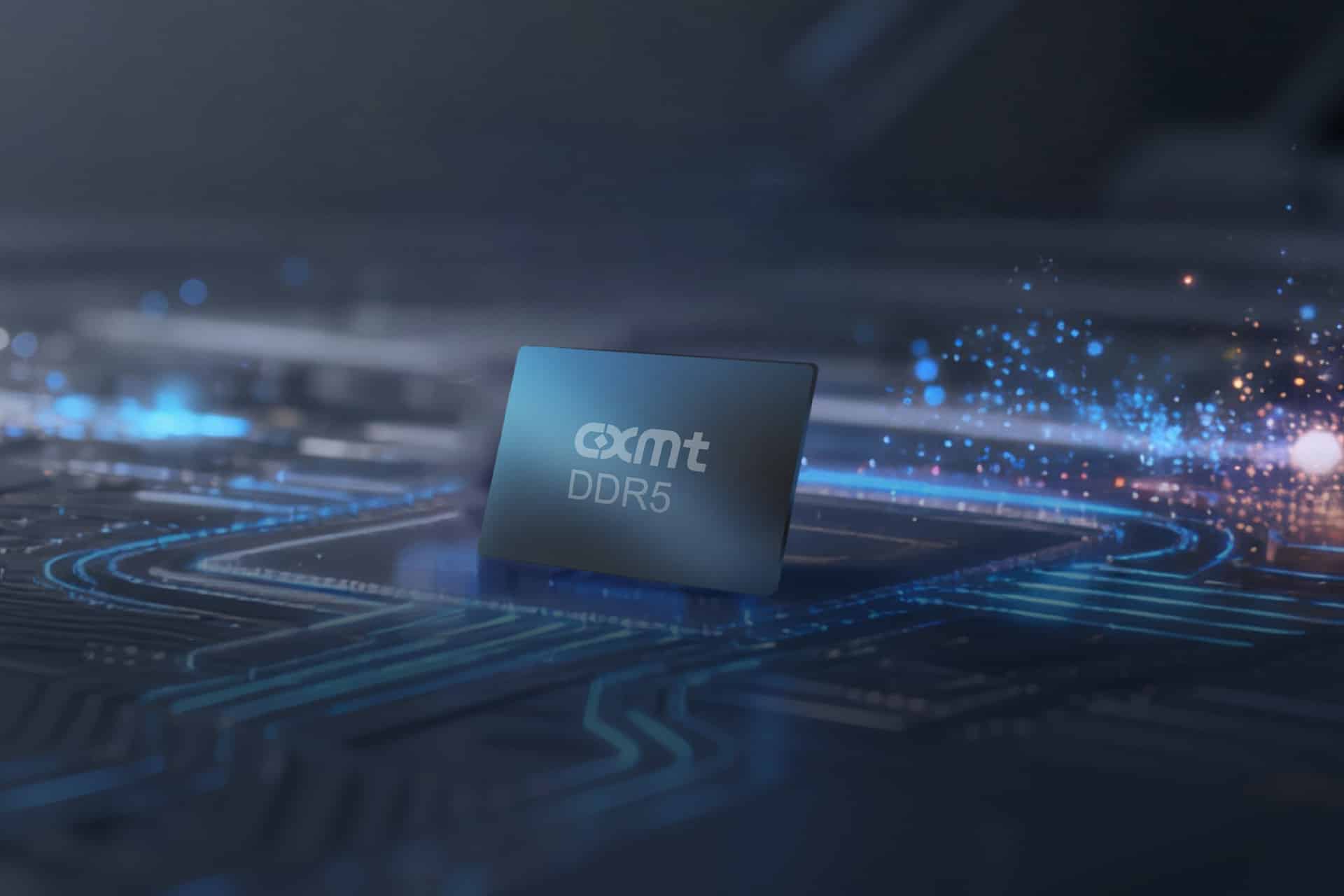 A computer chip labeled “cxmt DDR5,” representing Chinese memory, is placed on a dark, illuminated circuit board with blue and orange light effects highlighting the pathways.