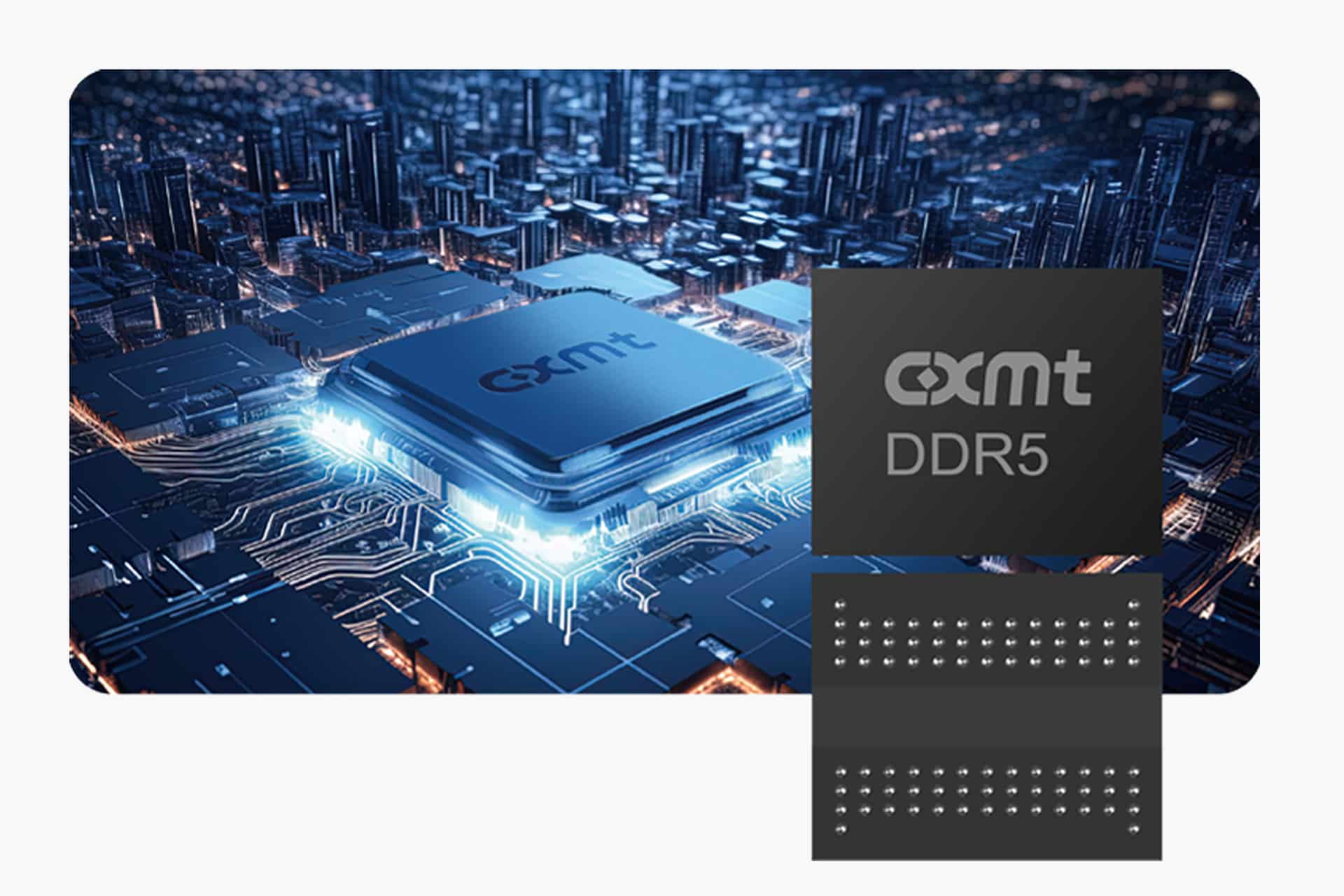 Close-up of an illuminated Chinese memory chip labeled "cxmt" on a circuit board, with two separate chips labeled "cxmt DDR5" and a detailed view of the chip's pin layout, highlighting CXMT’s role in shaping DRAM prices.