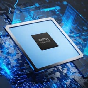 A close-up illustration of a "QMT LPDDR5X" microchip on a glowing blue circuit board, representing advanced semiconductor technology from CXMT and the impact of DRAM prices.