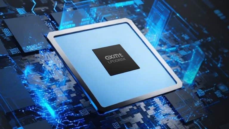 A close-up illustration of a "QMT LPDDR5X" microchip on a glowing blue circuit board, representing advanced semiconductor technology from CXMT and the impact of DRAM prices.